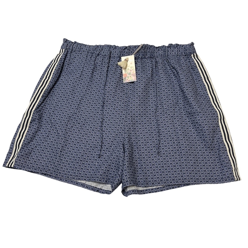 Johnny Was Shorts Patched Ikat Linen Paperbag Blue Size XL‎ Boho Hippie Festival